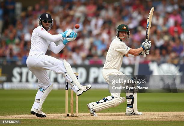 Brad Haddin of Australia bats as Matt Prior of England keeps wicket during day five of the 1st Investec Ashes Test match between England and...