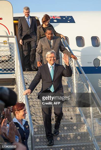 Australian Prime Minister Kevin Rudd arrives in Port Moresby on July 14, 2013. Rudd is touring Papua New Guinea on a two-day visit and is expected to...