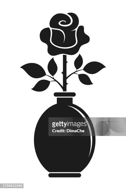 rose flower in vase - cut out vector silhouette icon - rose petals stock illustrations