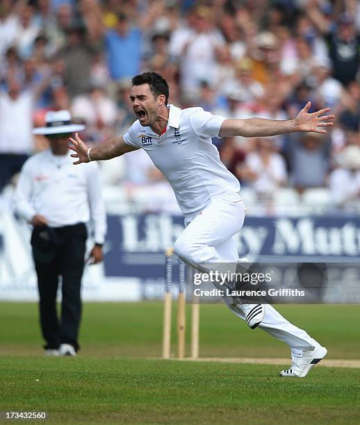 James Anderson of England celebrates the wicket of Ashton Agar of Australia during day five of the 1st Investec Ashes Test match between England and...