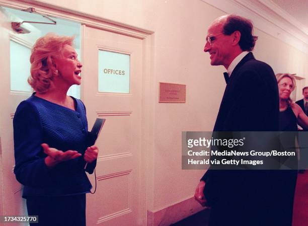Ted Kennedy's first wife, Joan Kennedy, talks to James Taylor just prior to the start of the show at BSO, Wednesday, 23 September 1998. Staff Photo...