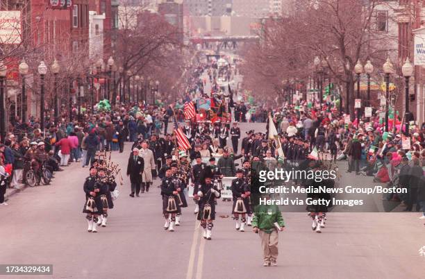 March 14, 1999 Southie's St. Patrick's Day Parade along Broadway. Boston Police Pipes and Drums march. Staff photo by george martell Photo-Monday...