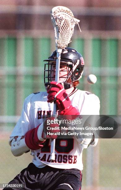 April 7, 1999 Hingham vs Duxbury lacrosse. Hingham's Kevin Coughlin tries to hold on to the ball. Staff photo by george martell saved in adv. Sports...