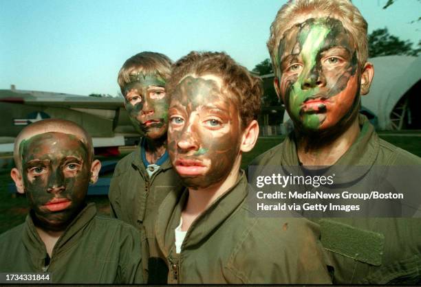 "FLOATER" COLIN O'BRIEN, "DUNKER" MATT O'BRIEN, "SLAPPY" DEVON MANNING, AND "SPLITZ" BJ HAHN IN THEIR WAR PAINT BEFORE HEADING OUT FOR THEIR ESCAPE...