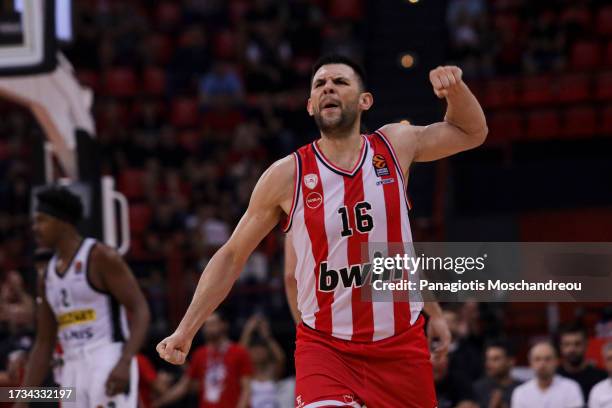 Kostas Papanikolau, #16 of Olympiacos Piraeus react during the Turkish Airlines EuroLeague Regular Season Round 4 match between Olympiacos Piraeus...