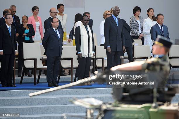 United Nations Secretary General Ban Ki-Moon , French President Francois Hollande and Malian President Dioncounda Traore attend the Bastille Day...