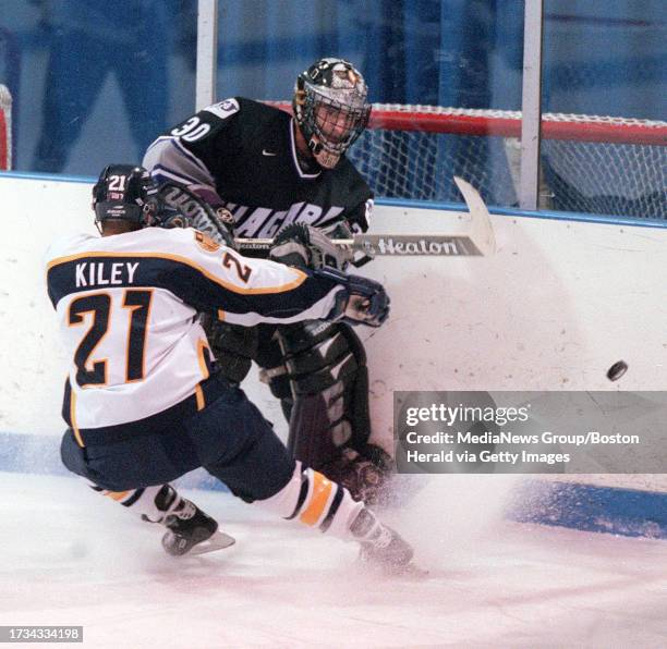 Niagara Goalie Greg Gardner and Merrimack's Ryan Kiley square off on the ice at Merrimack College. Staff Photo by Renee DeKona saved in photo 1/wed...