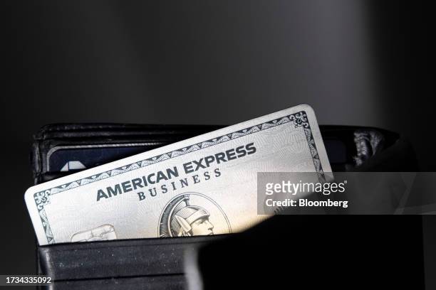 An American Express credit card arranged in New York, US, on Wednesday, Oct. 18, 2023. American Express Co. Is scheduled to release earnings figures...