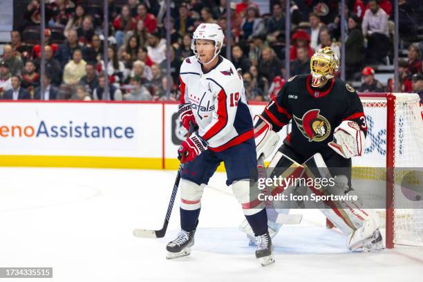 Washington Capitals Center Nicklas Backstrom skating in his 1100th career NHL game screens Ottawa Senators Goalie Anton Forsberg during second period...