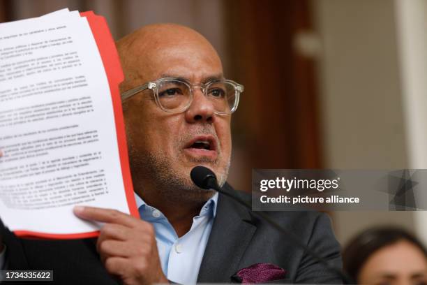 October 2023, Venezuela, Caracas: Jorge Rodriguez , speaker of Venezuela's parliament, speaks at a press conference after the U.S. Government eased...