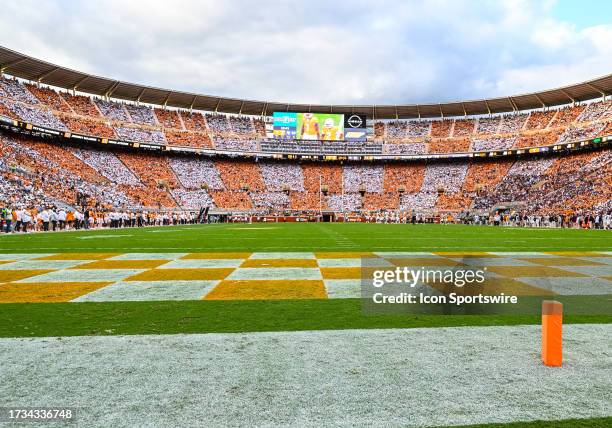 Checkered Neyland crowd watches the college football game between the Tennessee Volunteers and the Texas A&M Aggies on October 14 at Neyland Stadium,...