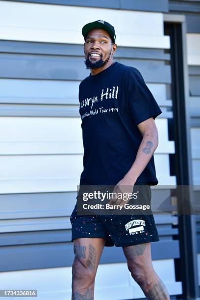 Kevin Durant of the Phoenix Suns arrives to the arena during an all access practice on October 17, 2023 at the Footprint Center in Phoenix, Arizona....