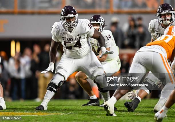 Texas A&M Aggies offensive lineman Mark Nabou Jr. Blocks during the college football game between the Tennessee Volunteers and the Texas A&M Aggies...