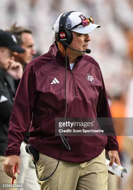 Texas A&M Aggies head coach Jimbo Fisher coaches during the college football game between the Tennessee Volunteers and the Texas A&M Aggies on...