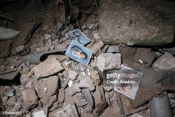 Pictures are seen at the view of destruction after an Israeli attack on the Greek Orthodox Church in Gaza City, Gaza on October 20, 2023. At least...