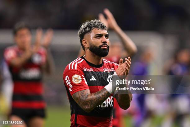 Gabriel Barbosa of Flamengo reacts after a match between Cruzeiro and Flamengo as part of Brasileirao 2023 at Mineirao Stadium on October 19, 2023 in...