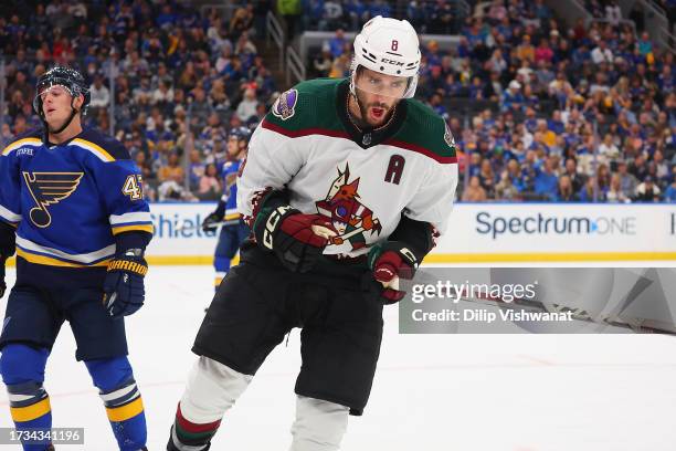 Nick Schmaltz of the Arizona Coyotes celebrates after scoring a goal against the St. Louis Blues during the second period at Enterprise Center on...