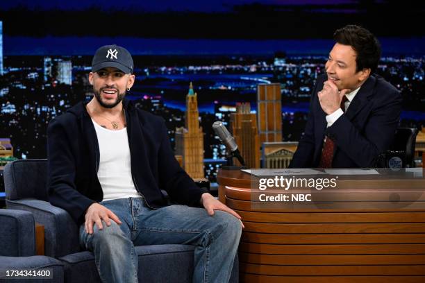 Episode 1857 -- Pictured: Rapper & singer Bad Bunny during an interview with host Jimmy Fallon on Thursday, October 19, 2023 --