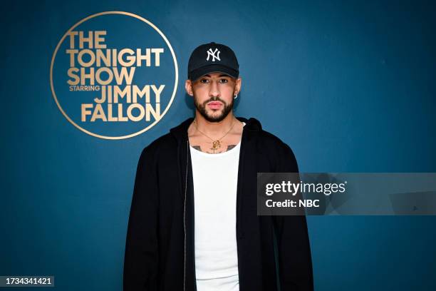 Episode 1857 -- Pictured: Rapper & singer Bad Bunny poses backstage on Thursday, October 19, 2023 --