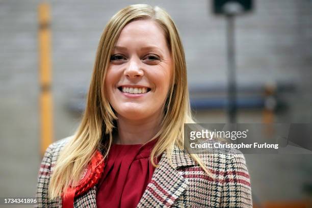Labour candidate Sarah Edwards celebrates winning the Tamworth by-election with 11,719 votes on October 20, 2023 in Tamworth, England. The Tamworth...