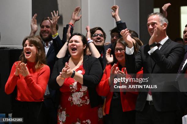 Labour Party supporters react after Labour Party candidate Alistair Strathern wins the Mid-Bedfordshire Parliamentary by-election, at the count...