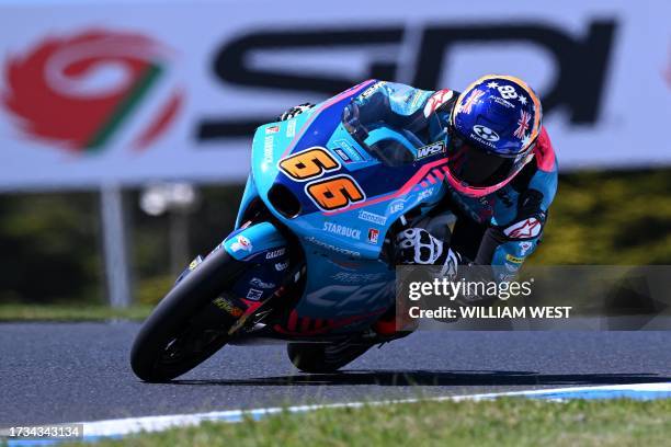 CFMoto's Australian rider Joel Kelso competes during the second Moto3 class free practice session of the MotoGP Australian Grand Prix at Phillip...