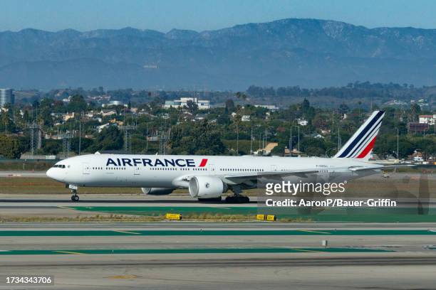 Air France Boeing 777-328 prepares for takeoff at Los Angeles International Airport on October 19, 2023 in Los Angeles, California.