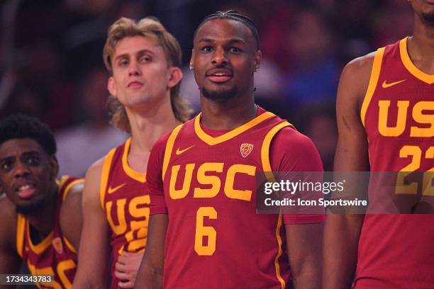 Trojans guard Bronny James looks on during Trojan HoopLA, a college basketball kickoff event featuring the USC Trojans, on October 19, 2023 at Galen...