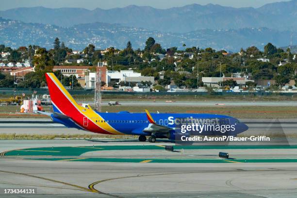 Southwest Airlines Boeing 737-800 prepares for takeoff at Los Angeles International Airport on October 19, 2023 in Los Angeles, California.