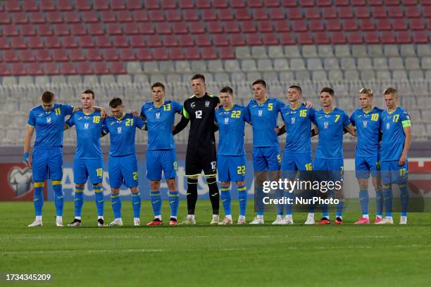 Players from the Ukraine national soccer team observe a period of silence for all victims of the conflict in Israel and Palestine ahead of the UEFA...