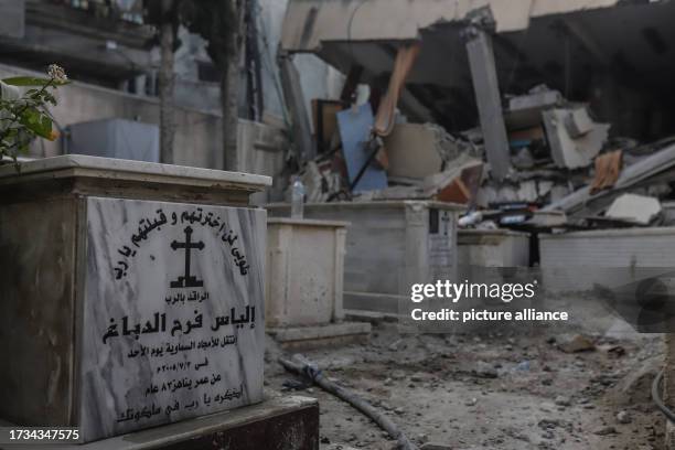 October 2023, Palestinian Territories, Gaza City: Damages are seen after one of the buildings belonging to the Greek Orthodox Church in Gaza was...