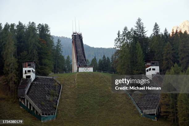 Trampolino Olimpico Italia is seen on October 05, 2023 in Cortina d'Ampezzo, Italy. The venue which is no longer in use hosted ski jumping and...