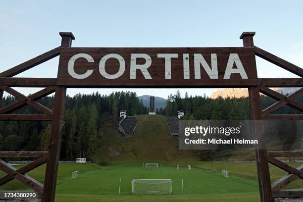 Trampolino Olimpico Italia is seen on October 05, 2023 in Cortina d'Ampezzo, Italy. The venue which is no longer in use hosted ski jumping and...