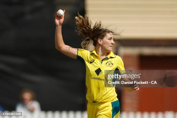 Annabel Sutherland of Australia takes a catch after bowling to dismiss Stefanie Taylor of West Indies during game three of the Women's One Day...