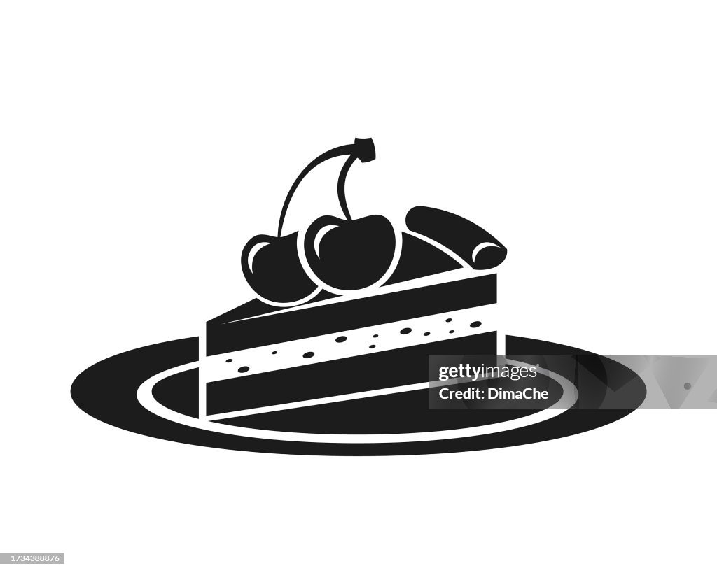 Piece of cake with cherry on plate - cut out vector silhouette icon