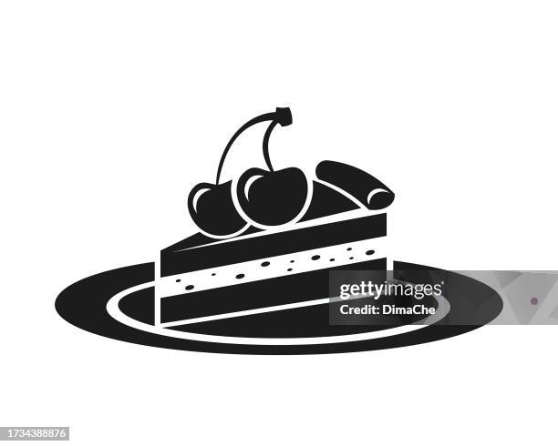 ilustrações de stock, clip art, desenhos animados e ícones de piece of cake with cherry on plate - cut out vector silhouette icon - tarte de sobremesa