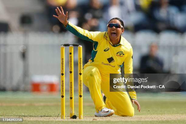 Alana King of Australia appeals to the umpire for the dismissal of Shemaine Campbelle of West Indies during game three of the Women's One Day...