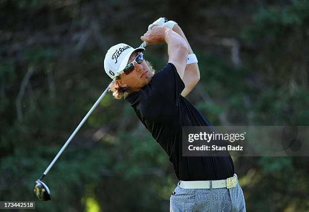 Roger Sloan hits a tee shot on the 17th hole during the rain delayed third round of the Utah Championship Presented by Utah Sports Commission at...