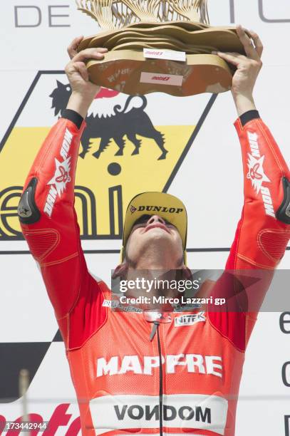 Jordi Torres of Spain and Aspar Team Moto2 celebrates on the podium the victory at the end of the Moto2 race during the MotoGp of Germany - Race at...