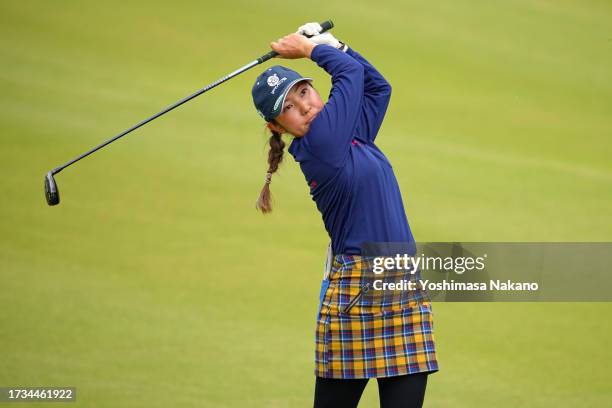 Sarina Kobayashi of Japan hits her second shot on the 2nd hole during the second round of Udon-Ken Ladies Golf Tournament at Mannou Hills Country...