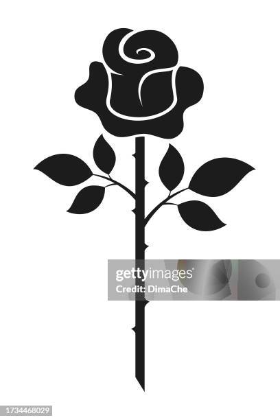 ilustrações de stock, clip art, desenhos animados e ícones de rose flower with leaves and thorny stem - cut out vector silhouette - ramo-de-flores