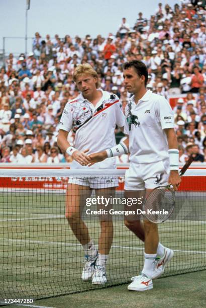 Tennis players Ivan Lendl and Boris Becker during the final match of the Stella Artois Championships held at the Queen's Club on June 17, 1990 in...