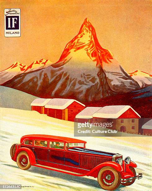 Advertisement for Isotta Fraschini - a luxury car manufacturer. Luxury car speeds across the snow past the mountains.