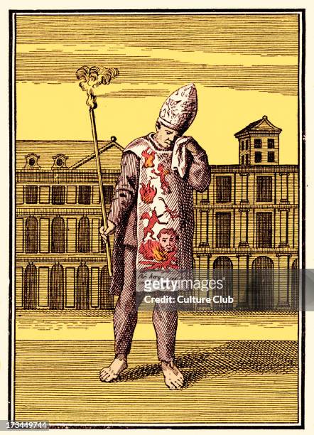 Sanbenito - a penitential garment worn during the Spanish Inquisition . The tunic of yellow cloth with figures of monks, dragons and demons in the...