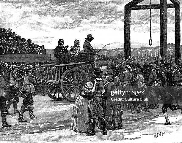 Tyburn during the reign of King Charles I. Site near Marble Arch, London, notorious for its gallows which could be used for mass hangings. Shows...