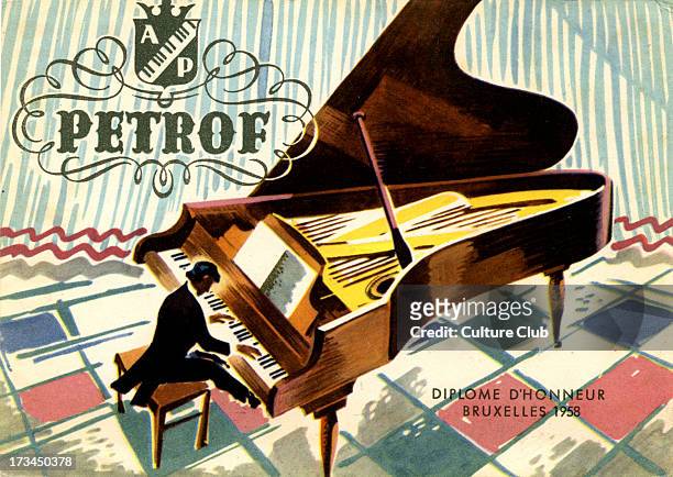 Czech advertisement for Petrof grand pianos. Model: Diplome D'Honneur, Bruxelles, 1958. Shows a man playing the latest model, with the Petrof logo.