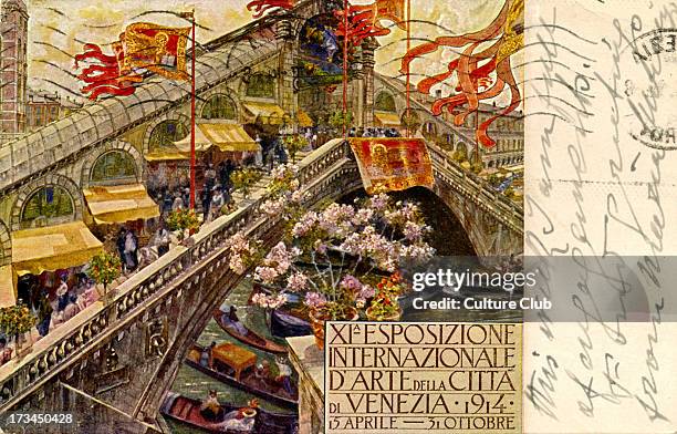 Advertisement for 11th International Art Exhibition. Venice, 1914: 15 April - 31 October. Depicts Venetian canals and gondolas, and stalls exhibiting...