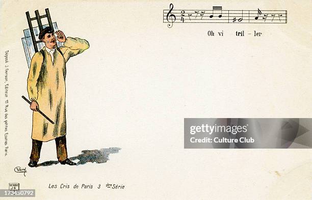 'The Cries of Paris' - glazier. Caption: 'Oh vitril-ler'/ 'Oh glazier'. With musical notation. Layout by J. Gerson. 1st series, no.9.