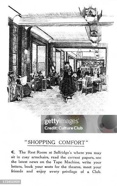 The Rest Room at Selfridge's, London. Department store on Oxford Street. Caption reads: 'Shopping comfort: The Rest Room at Selfridge's where you may...