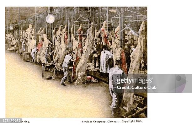 Beef dressing at a Chicago abbatoir, 1908. Slaughterhouse owned by Swift and Company.